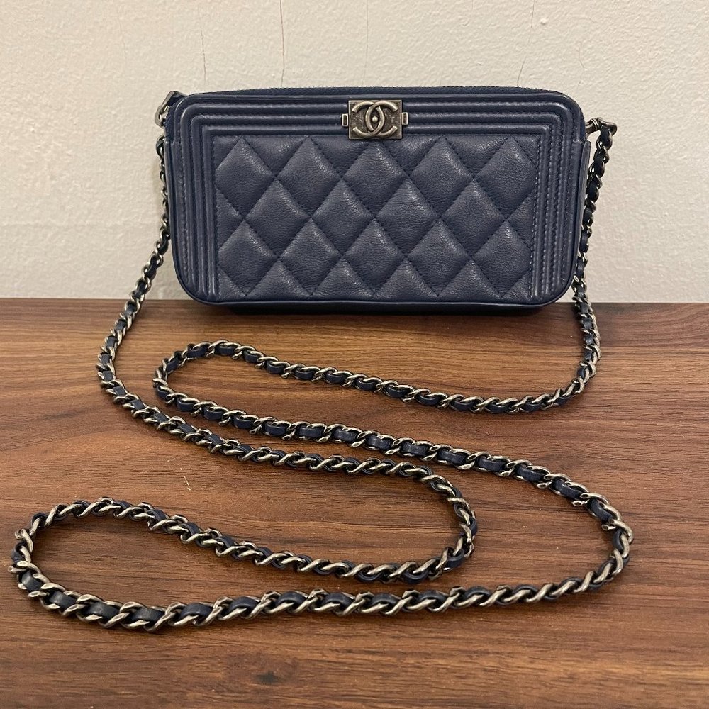 Chanel Boy Double Zip Clutch with Chain Quilted Caviar Blue